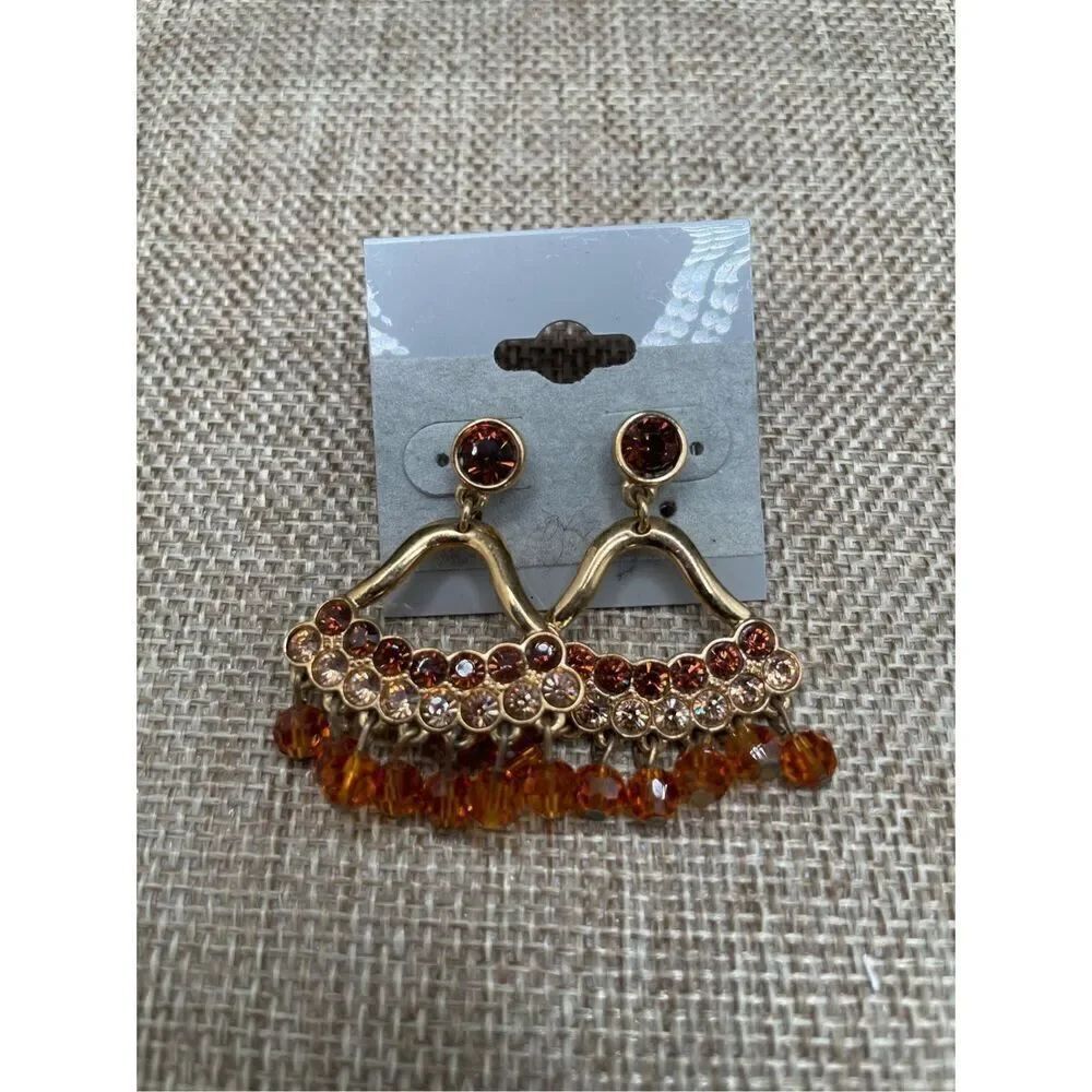 New Amber Stone Chandelier Pierced Earrings Gold Tone  Drop